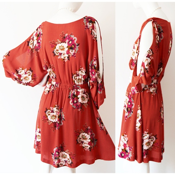 Last☝️ Rust Pretty Floral Slit Batwing Boho Dress - Picture 7 of 8